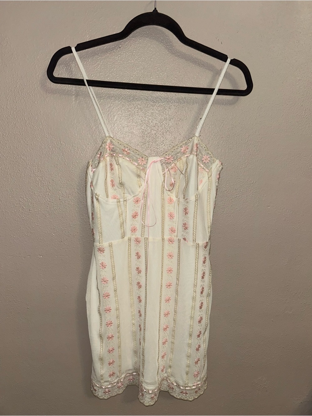 Cream Pink Daisy Embroidered Lace Mini Dress Cottagecore  Fairycore Milkmaid